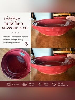 Vintage Ruby Red Glass Pie Plate Deep Dish Pie Baker Retro Baking Dish Kitchen
